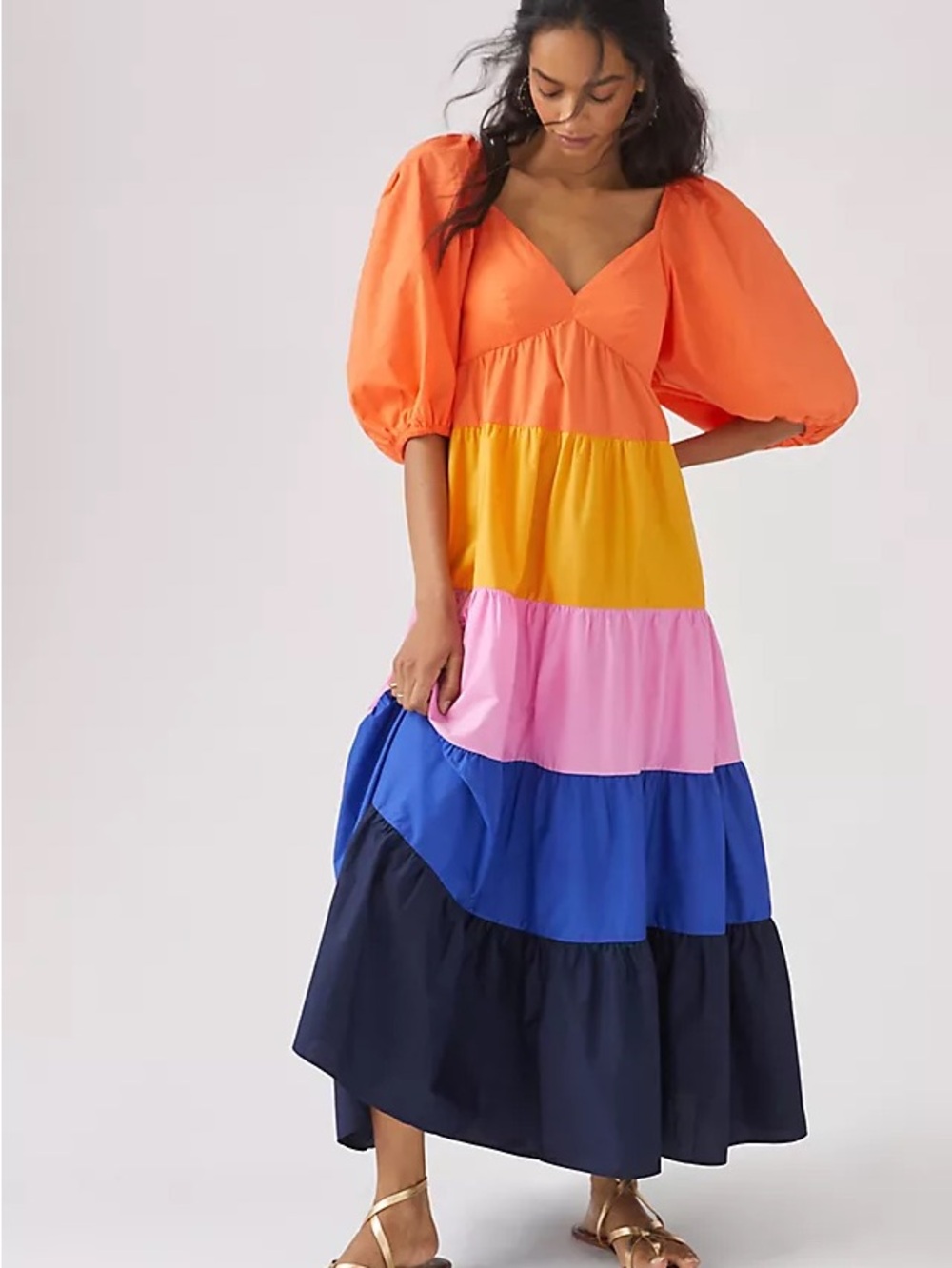 Farm Rio Colorblock Tiered Maxi Dress - Orange, Yellow, Pink, Blue, Navy